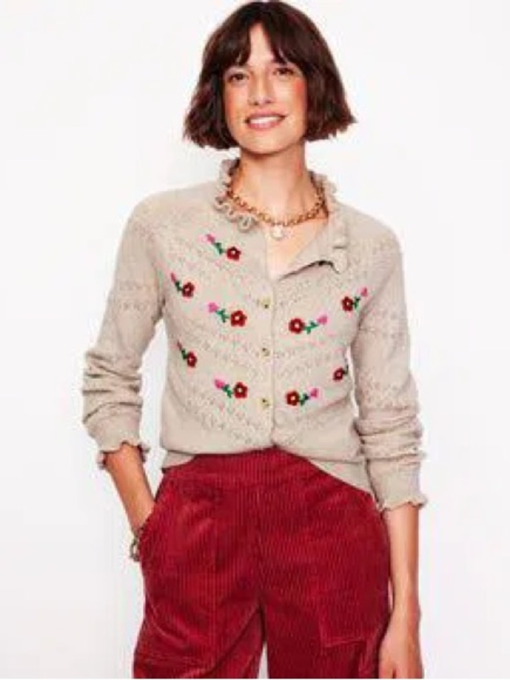 Boden Light Pink Fae Cardigan with Pink & Red Floral Embroidery - Picture 9 of 9